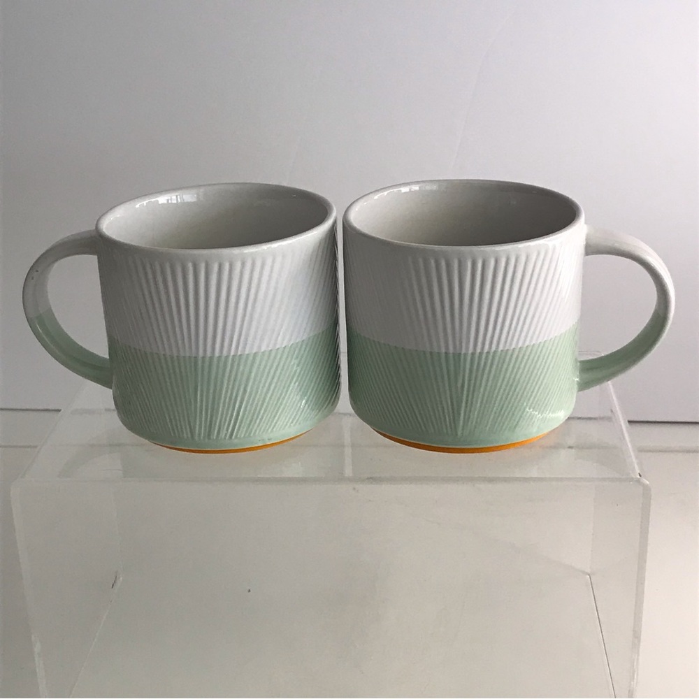 2014 STARBUCKS Textured Sea Glass Stacking Mint Green Striped Set of 2 Mugs